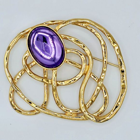 Avon Purple Cabochon Brooch Vintage Lucite Gold Tone Web Jumbo Statement Pin 3" - Picture 4 of 11